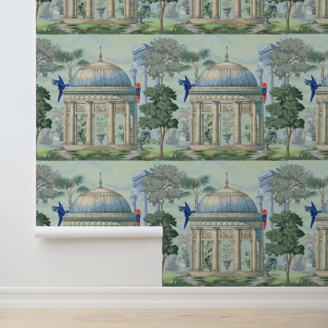 Ancient Greek Temple Garden Macaw Bird Pixie Green Wallpaper (Application)
