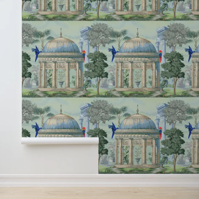 Ancient Greek Temple Garden Macaw Bird Pixie Green Wallpaper | Zazzle