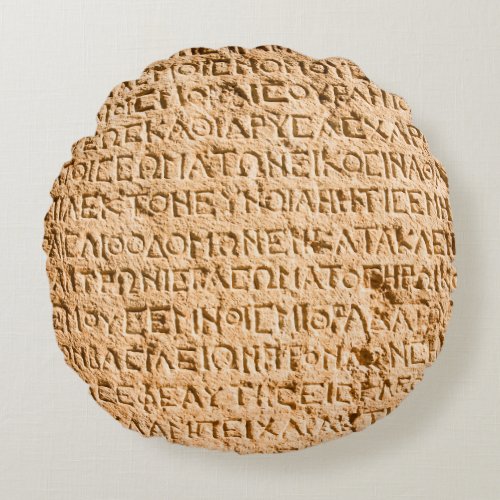 ancient Greek writing chiseled on stone Round Pillow