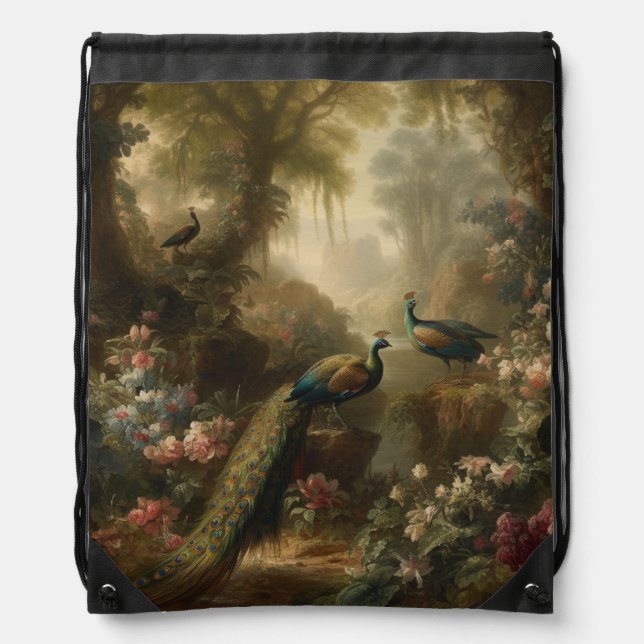 Ancient Grove Peacock Trio Manor Satchel Drawstring Bag (Front)