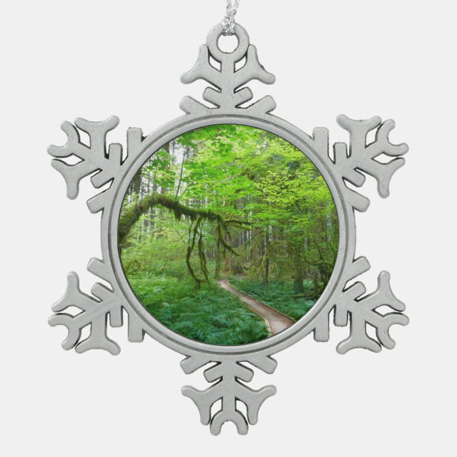 Ancient Groves Trail at Olympic National Park Snowflake Pewter Christmas Ornament (Front)
