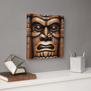 Ancient Guardians: Tiki Wood Art Square Wall Clock