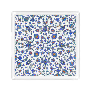 Ancient Handmade Blue Turkish Floral Tiles Pattern Acrylic Tray