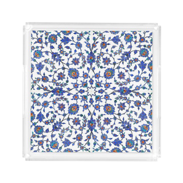 Ancient Handmade Blue Turkish Floral Tiles Pattern Acrylic Tray (Front)