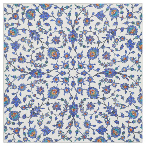Ancient Handmade Blue Turkish Floral Tiles Pattern Fabric