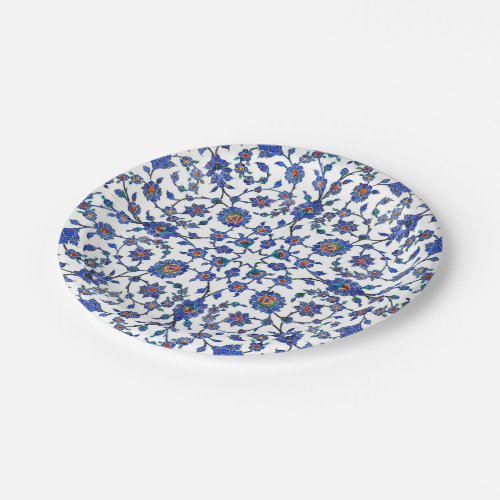 Ancient Handmade Blue Turkish Floral Tiles Pattern Paper Plates