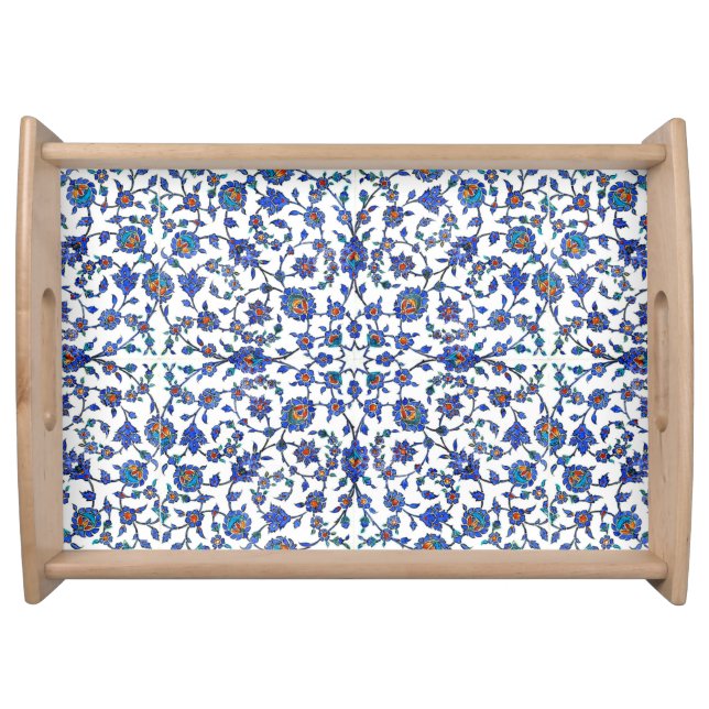 Ancient Handmade Blue Turkish Floral Tiles Pattern Serving Tray (Front)