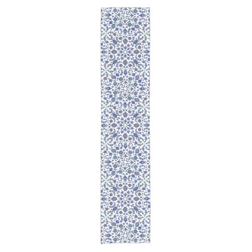 Ancient Handmade Blue Turkish Floral Tiles Pattern Short Table Runner