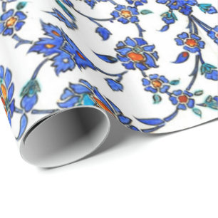 Ancient Handmade Blue Turkish Floral Tiles Pattern Wrapping Paper