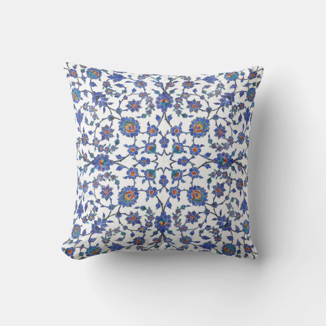 Ancient Handmade Turkish Floral Tiles Pattern Throw Pillow (Front)