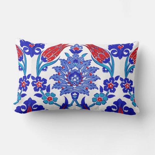 Ancient Handmade Turkish Floral Tulip Tile Pattern Lumbar Pillow