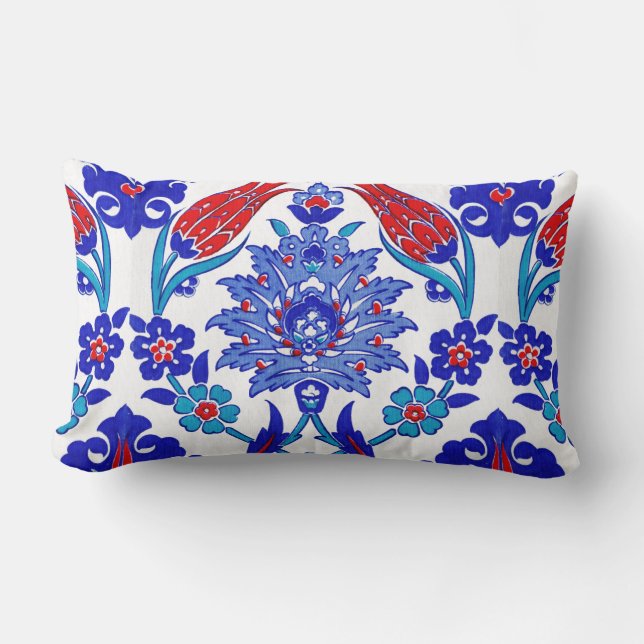 Ancient Handmade Turkish Floral Tulip Tile Pattern Lumbar Pillow (Front)