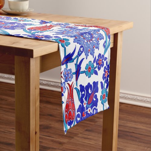 Ancient Handmade Turkish Floral Tulip Tile Pattern Short Table Runner