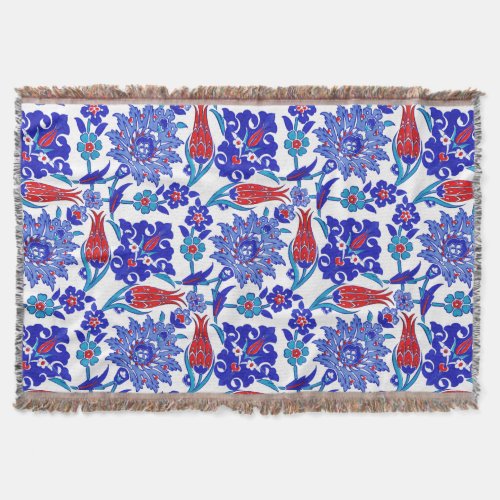 Ancient Handmade Turkish Floral Tulip Tile Pattern Throw Blanket