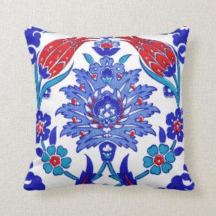 Ancient Handmade Turkish Floral Tulip Tile Pattern Throw Pillow