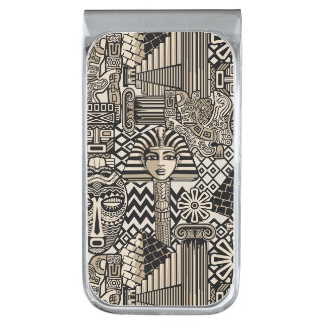 Ancient Historical Symbols Tattoo Style Silver Finish Money Clip (Front Vertical)