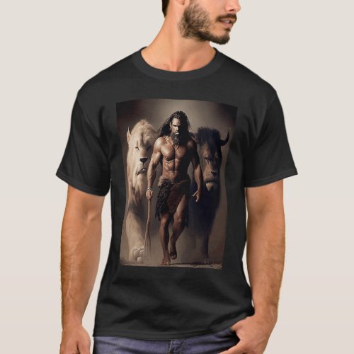 Ancient Hunting Family Pack Man and Lions with the T_Shirt
