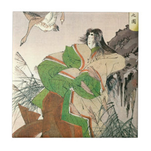 Ancient Japanese Art, Woman and Geese Ceramic Tile