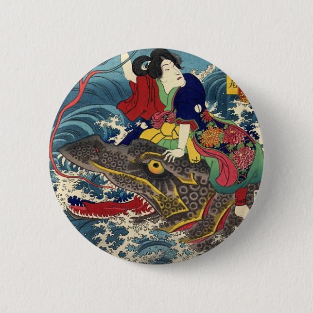 Ancient Japanese Painting, Japanese Woman Riding.. Pinback Button (Front)