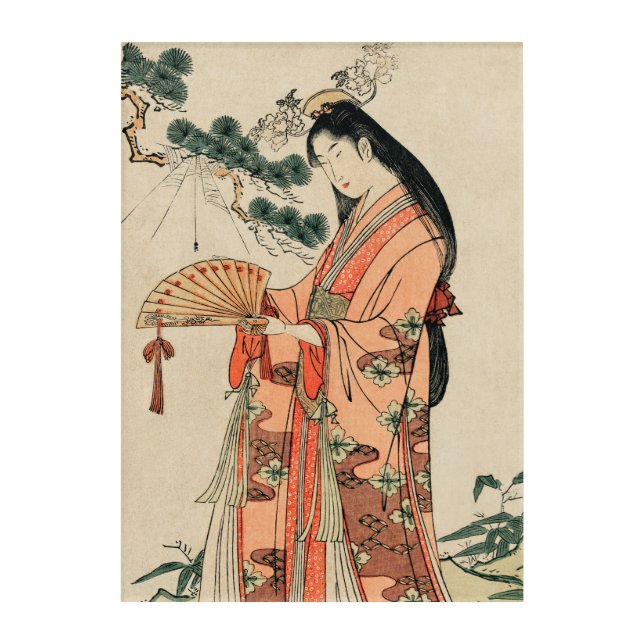 Ancient Japanese Wood Drawing with Woman Acrylic Print (Front)
