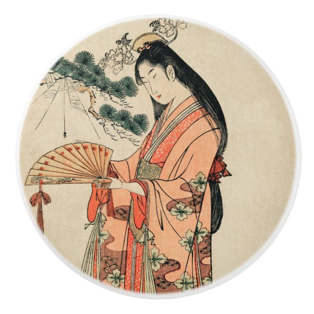 Ancient Japanese Wood Drawing with Woman Ceramic Knob (Front)