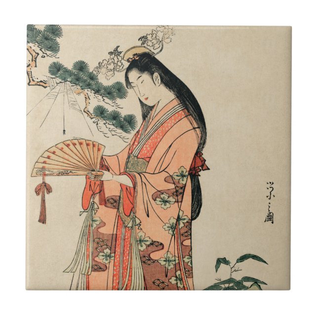 Ancient Japanese Wood Drawing with Woman Ceramic Tile (Front)