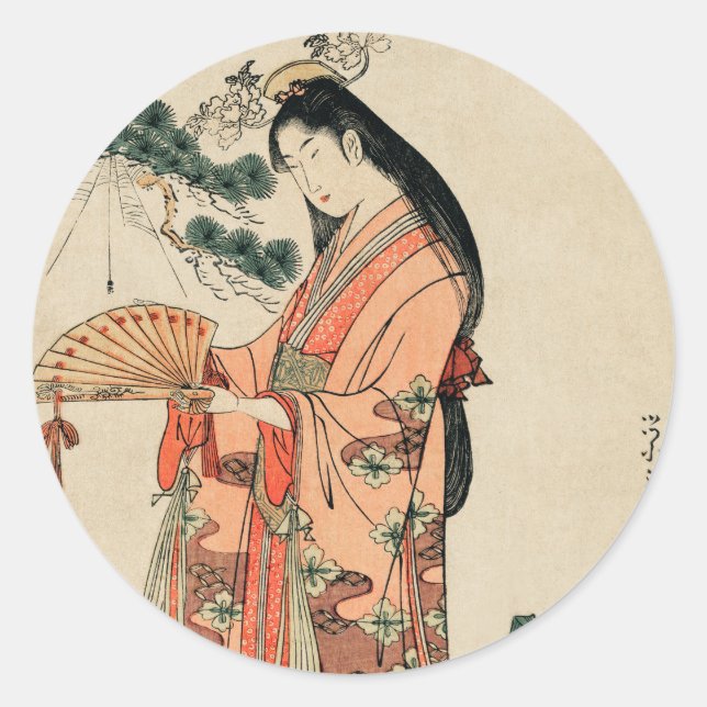 Ancient Japanese Wood Drawing with Woman Classic Round Sticker (Front)