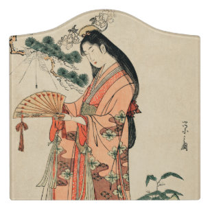 Ancient Japanese Wood Drawing with Woman Door Sign