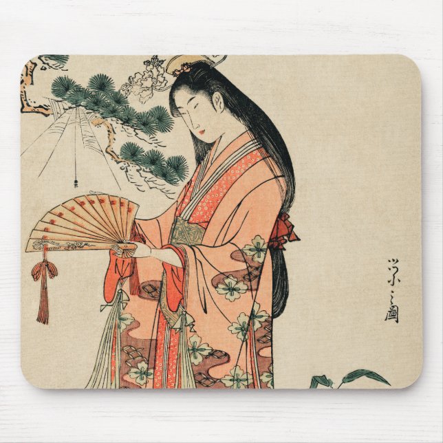 Ancient Japanese Wood Drawing with Woman Mouse Pad (Front)