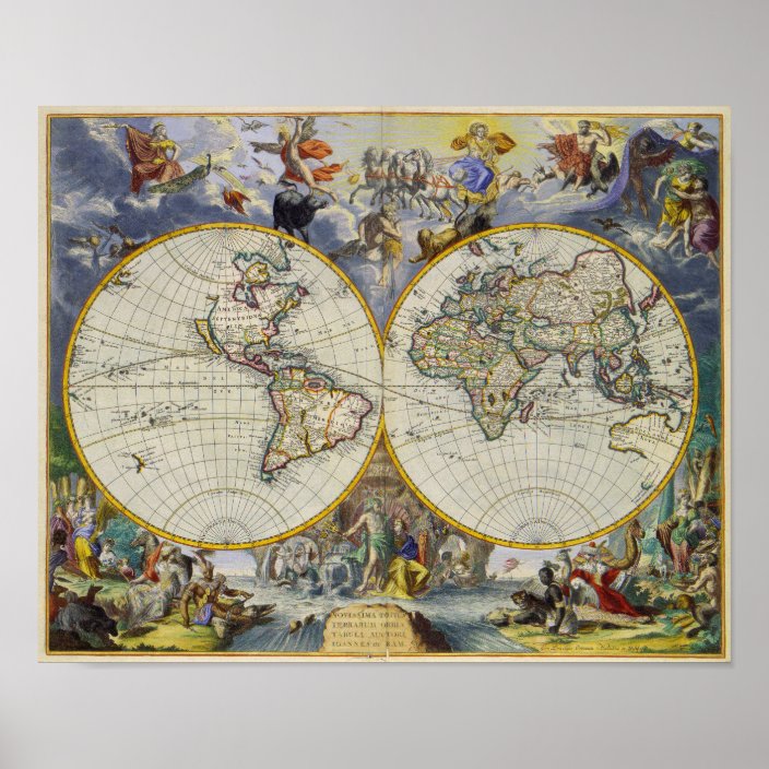 Ancient Map of the World in Two Hemispheres 1683 Poster | Zazzle.com