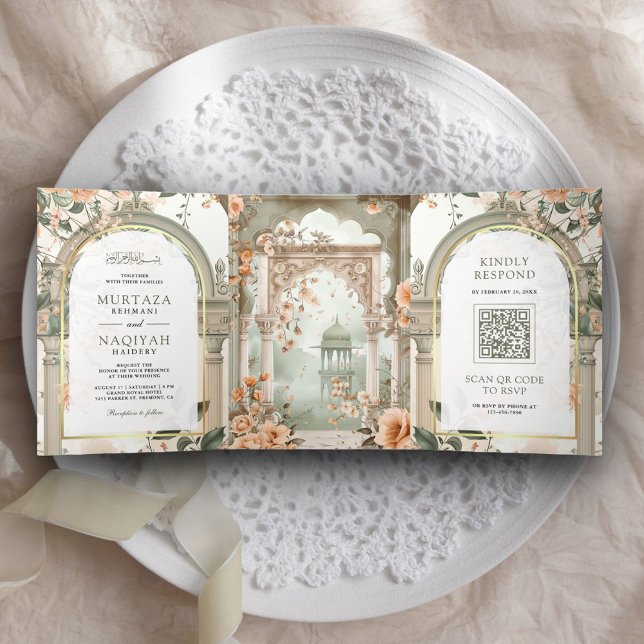 Ancient Mughal Palace All in One Muslim Wedding Tri-Fold Invitation (Creator Uploaded)