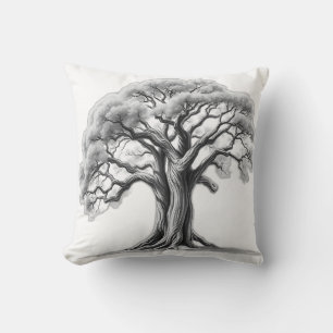 Ancient Oak Tree Charcoal Sketch Throw Pillow