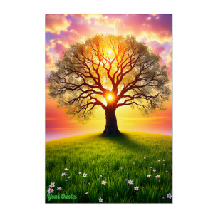 Ancient Oak Tree on Green Hill Sunset Acrylic Print
