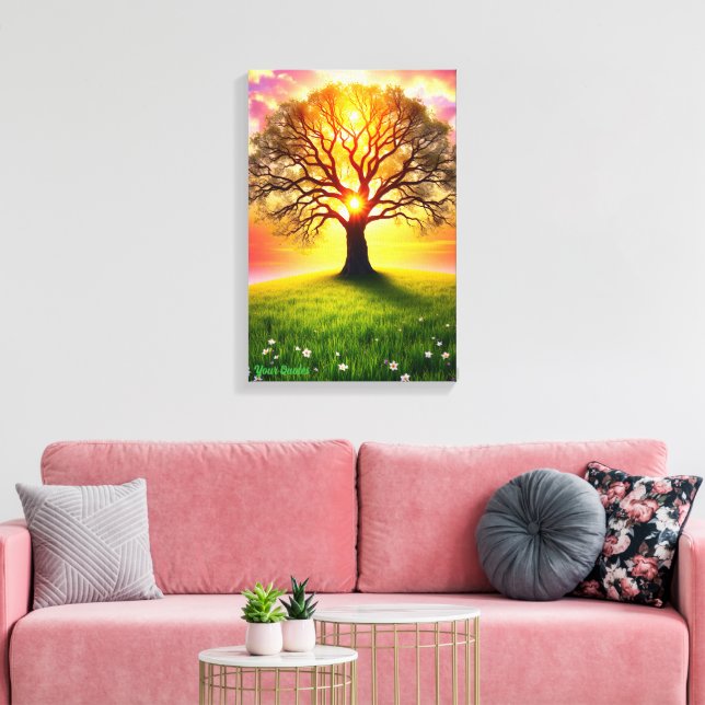 Ancient Oak Tree on Green Hill Sunset Canvas Print (Insitu(LivingRoom))