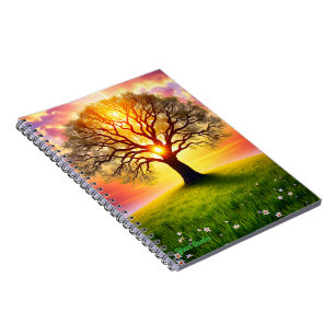 Ancient Oak Tree on Green Hill Sunset Notebook