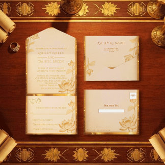 Ancient Papyrus Gold Lotus Egyptian Foil Wedding All In One Invitation