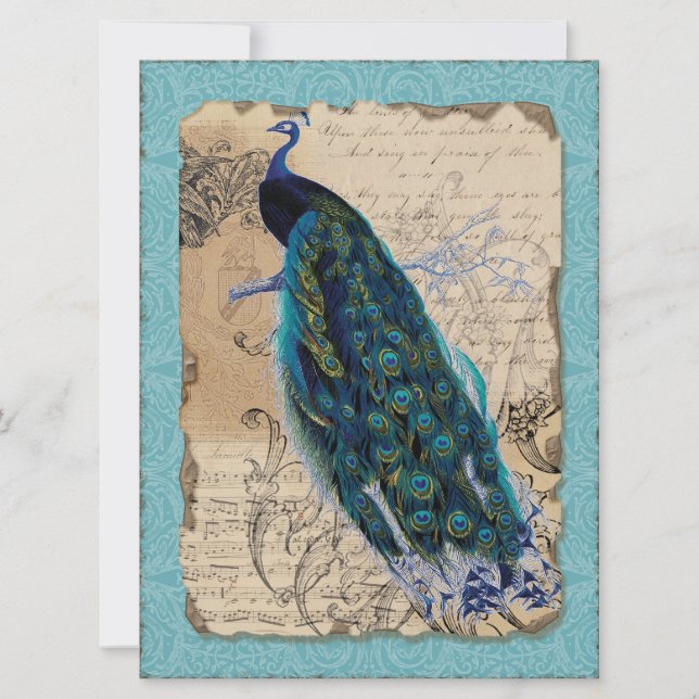 Ancient Peacock Bridal Shower Invite - Aqua Blue (Front)