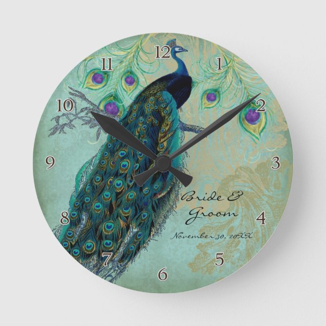 Ancient Peacock & Etchings Personalized Wedding Round Clock (Front)