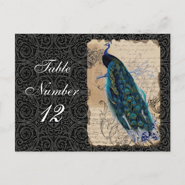 Ancient Peacock Reception Table Number Cards Black (Front)