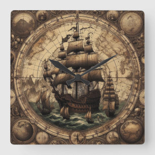 Ancient Pirate Sailing Ship 1 Square Wall Clock