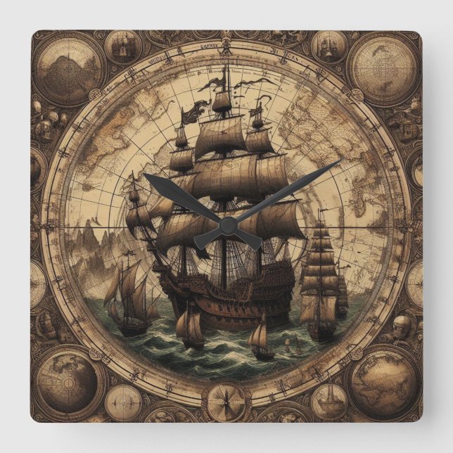 Ancient Pirate Sailing Ship 1 Square Wall Clock (Front)
