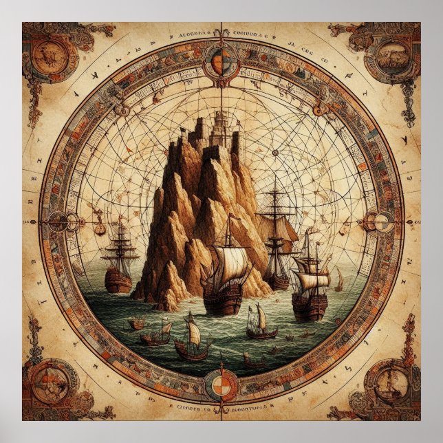 Ancient Portugal Ships Map 1 Poster (Front)