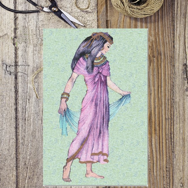 Ancient Pretty Egyptian Lady Princess in Purple Tissue Paper (Ancient Egyptian woman purple dress gold jewelry on green wrapping tissue paper.)