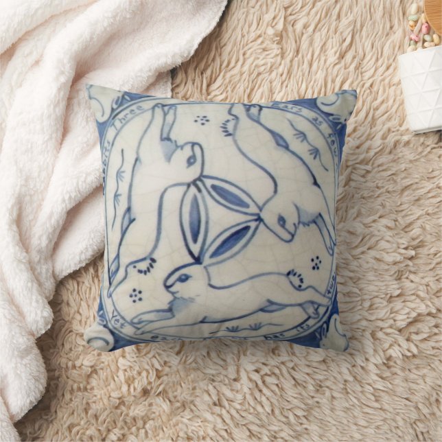 Ancient Rabbit Trio, Blue & White Tile Pillow (Blanket)