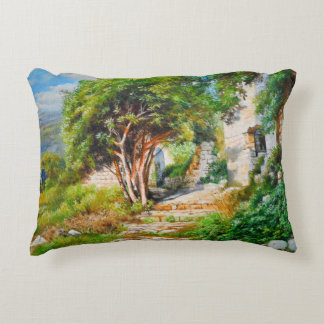 Ancient Ruins with Sunlit Tree – Oil Painting Accent Pillow