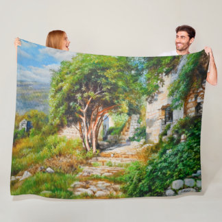 Ancient Ruins with Sunlit Tree – Oil Painting Fleece Blanket