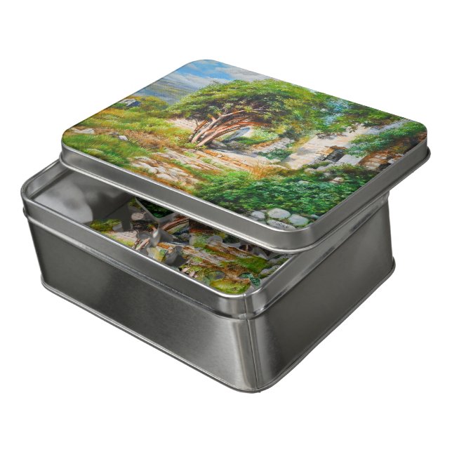 Ancient Ruins with Sunlit Tree – Oil Painting Jigsaw Puzzle (Lid Open)
