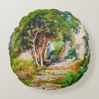 Ancient Ruins with Sunlit Tree – Oil Painting Round Pillow