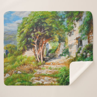Ancient Ruins with Sunlit Tree – Oil Painting Sherpa Blanket