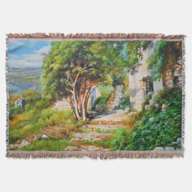Ancient Ruins with Sunlit Tree – Oil Painting Throw Blanket (Front)